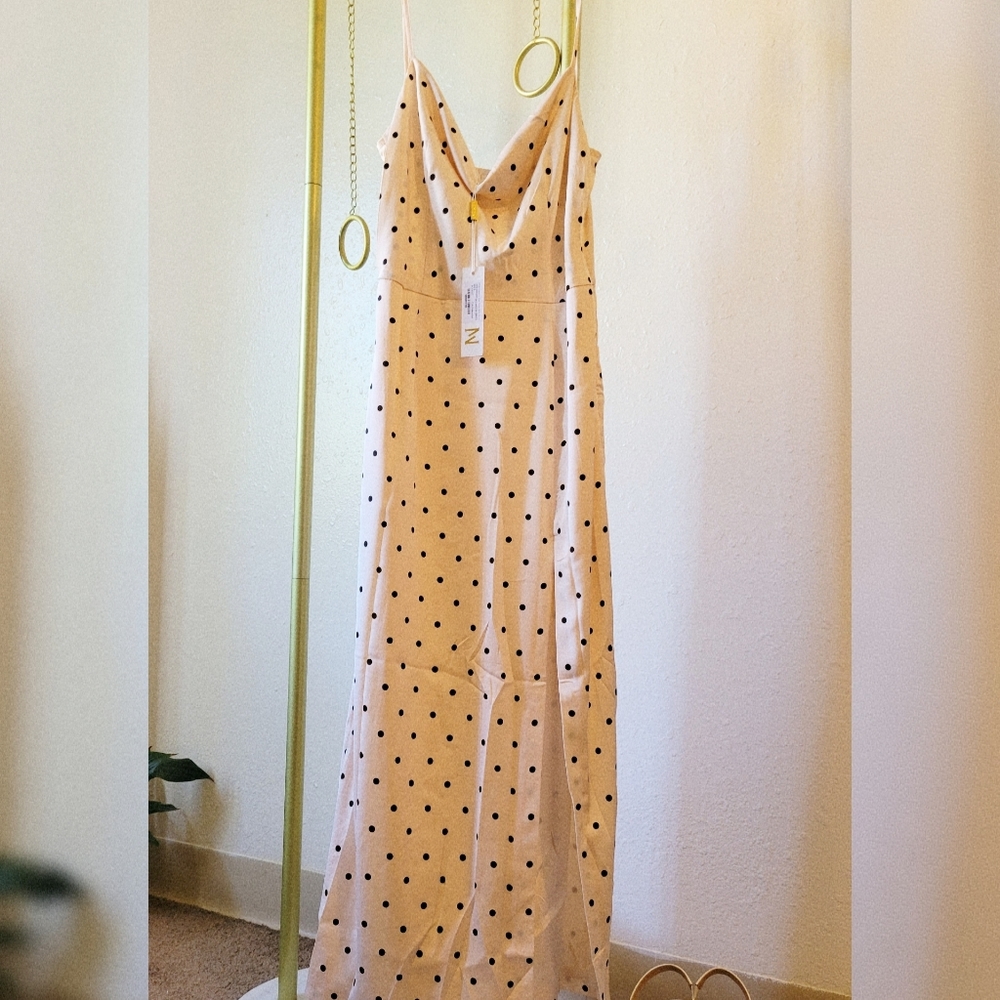MESHKI Polka Dot Satin Dress in Peachy Pink with Thigh Slit Size S